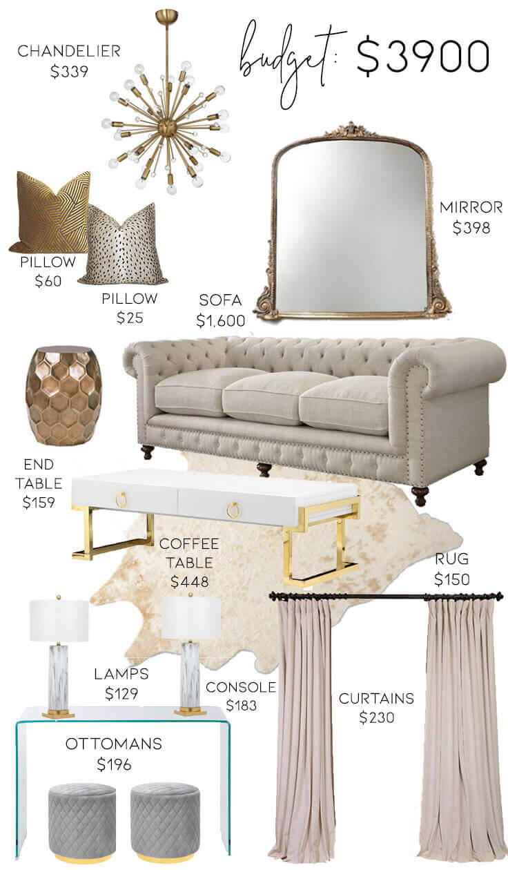 3 Neutral Glam Living Room Designs on 3 Different Budgets