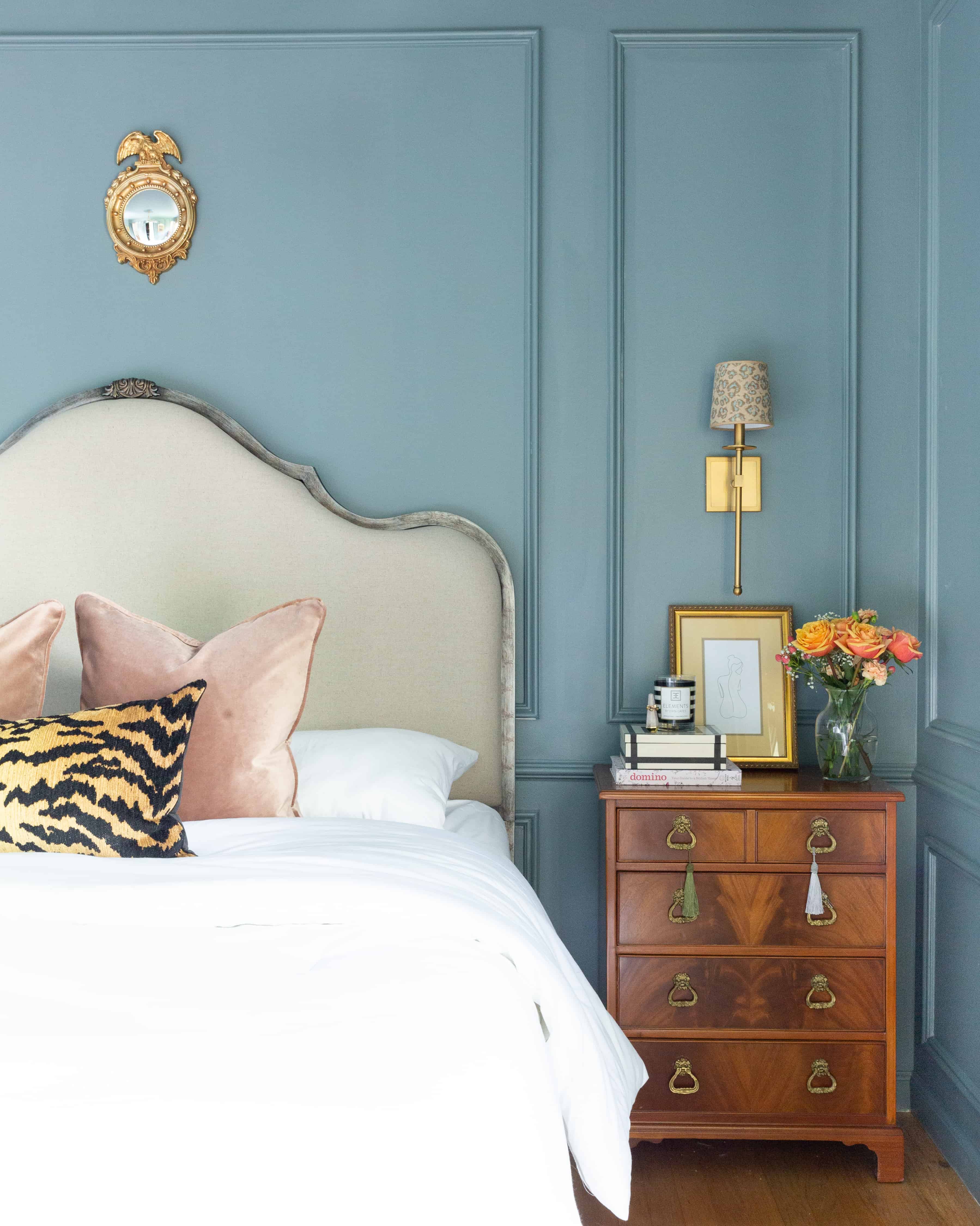 bedroom-makeover-vintage-nightstands-blue-walls
